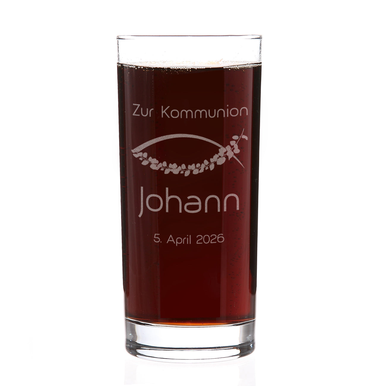 Trinkglas zur Kommunion, Konfirmation, Taufe mit Name, Datum & Text graviert