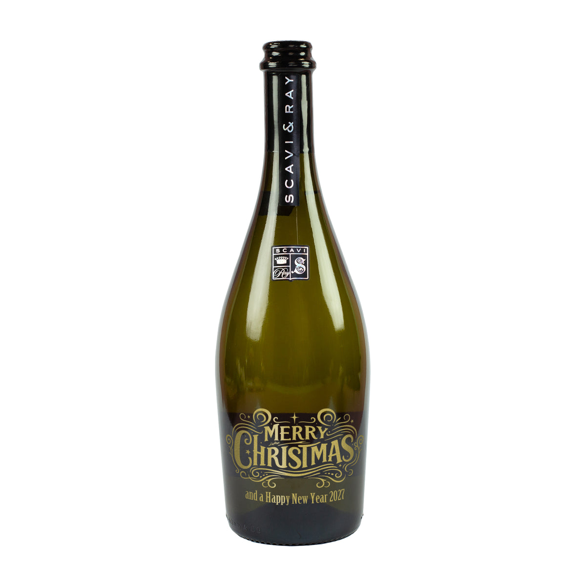 Freigestellte Scavi & Ray Prosecco-Flasche mit Merry-Christmas-Gravur und personalisierbarem Neujahrsgruß