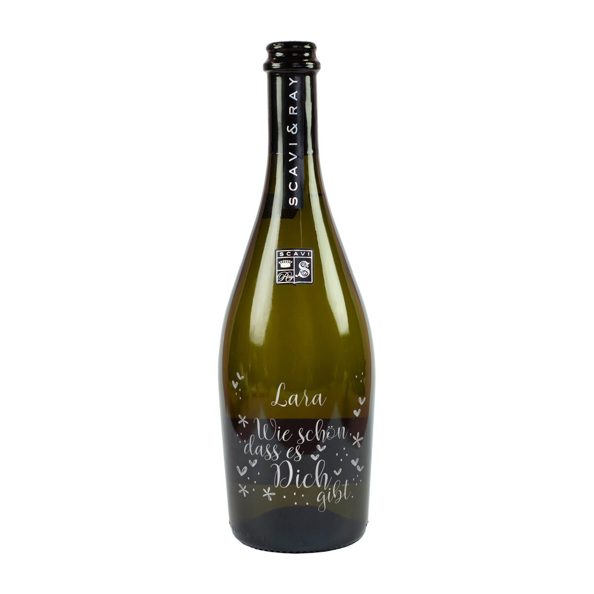 Freigestellte Scavi & Ray Prosecco-Flasche mit Gravur Lara, Herzen und Spruch Wie schön, dass es Dich gibt