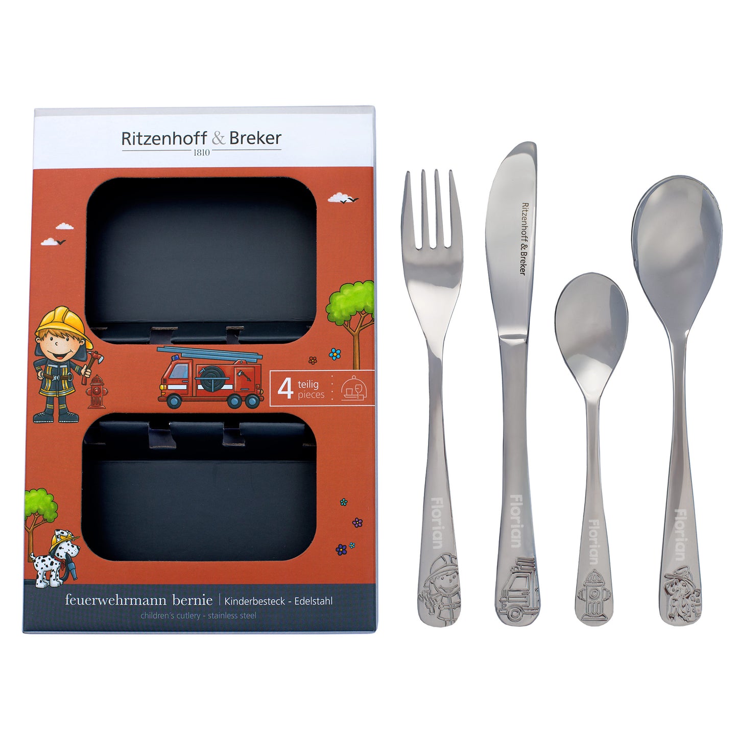 Kinderbesteck Set personalisiert mit Name 4-teilig | Feuerwehrmann Bernie von Ritzenhoff & Breker
