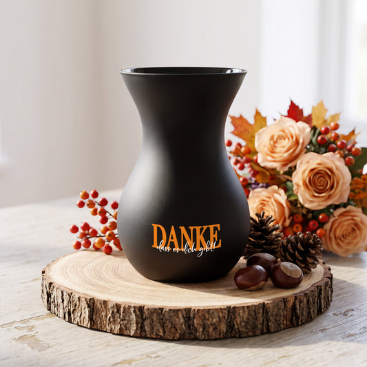Schwarze personalisierte Blumenvase mit DANKE und Wunschtext, dekoriert mit herbstlichen Blumen