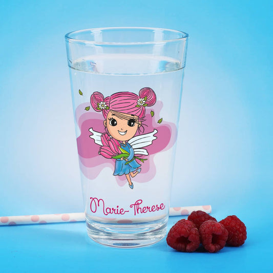 Rosa Tulpenfee Motiv auf Trinkglas der Marke Striefchen mit Name personalisiert