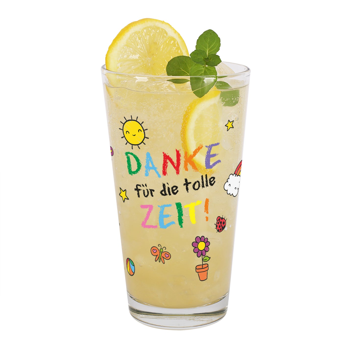 Trinkglas zum Abschied für Erzieher "Danke für die tolle Zeit!" mit Wunschtext und buntem Motiv