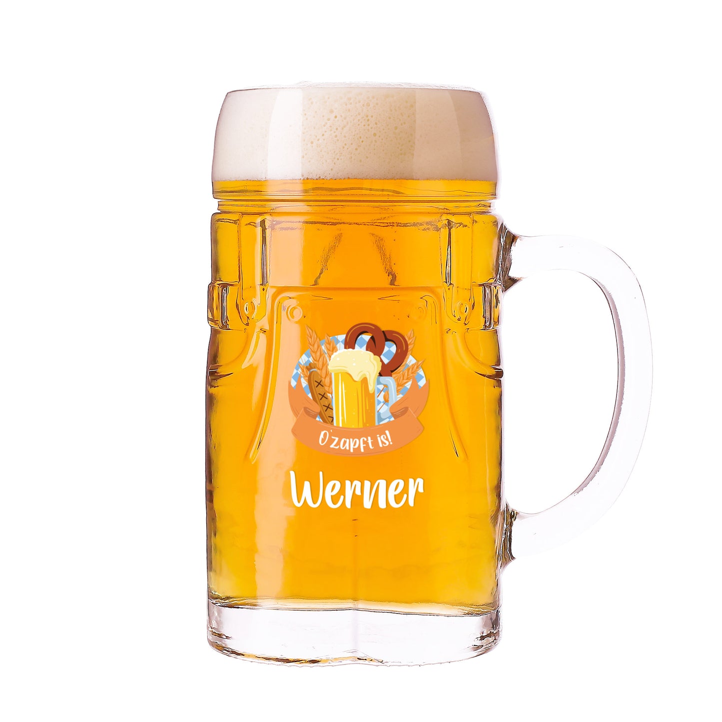 Rustikaler Bierkrug aus Glas mit Festmotiv und Name Werner – stabiler Henkelkrug