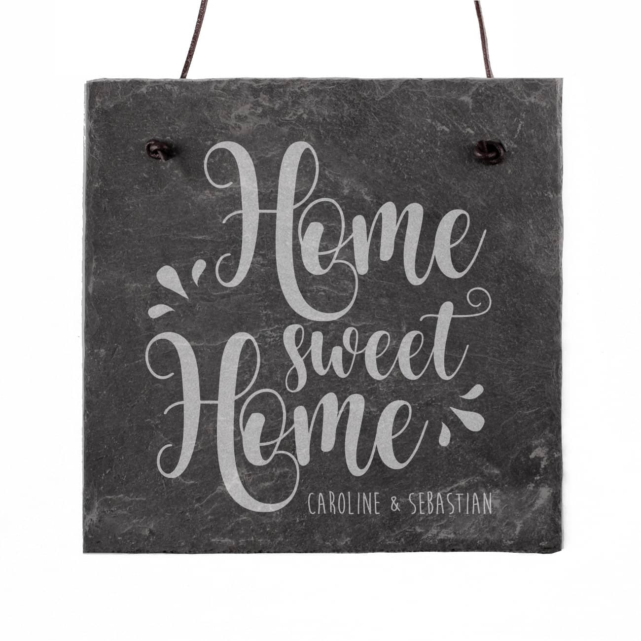 Schieferplatte mit Wunschnamen und Home sweet Home Gravur