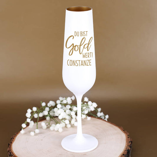 Sektglas mit Gravur "Du bist Gold wert" und Name nach Wunsch