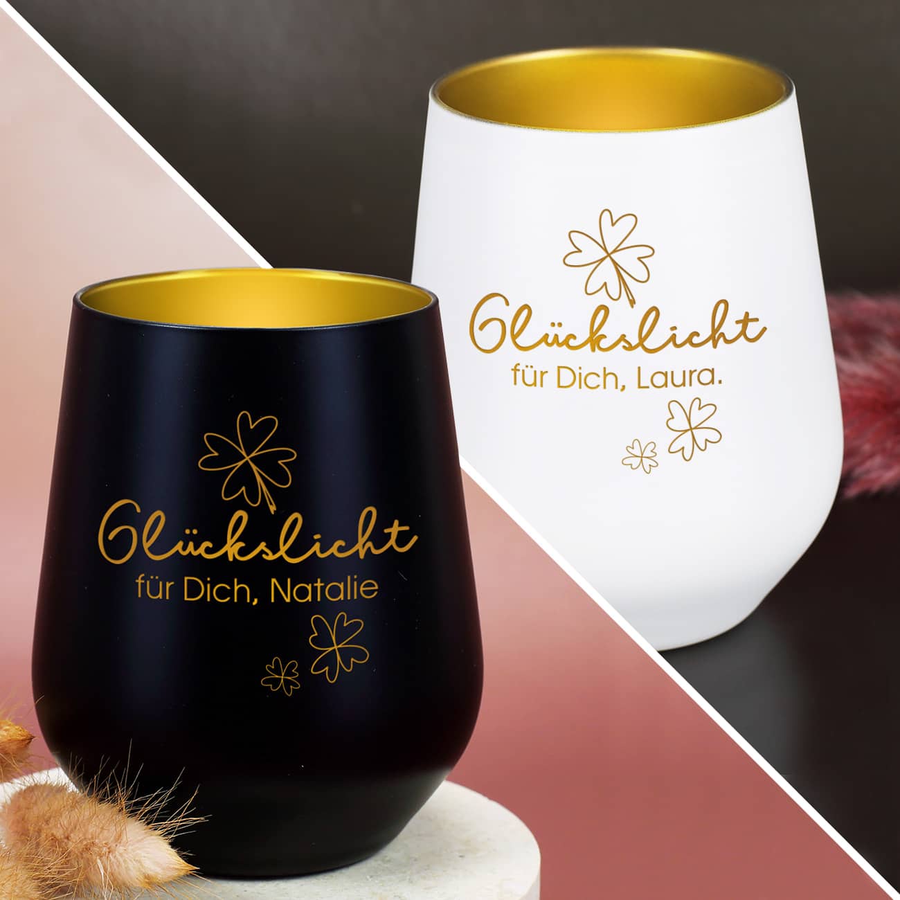 Glückslicht - Windlicht mit Ihrem Wunschtext graviert
