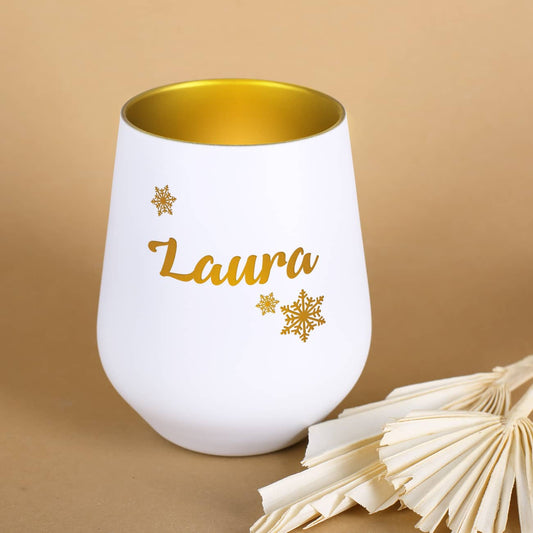 Weißes Windlicht mit Goldschimmer und Ihrem Wunschnamen graviert