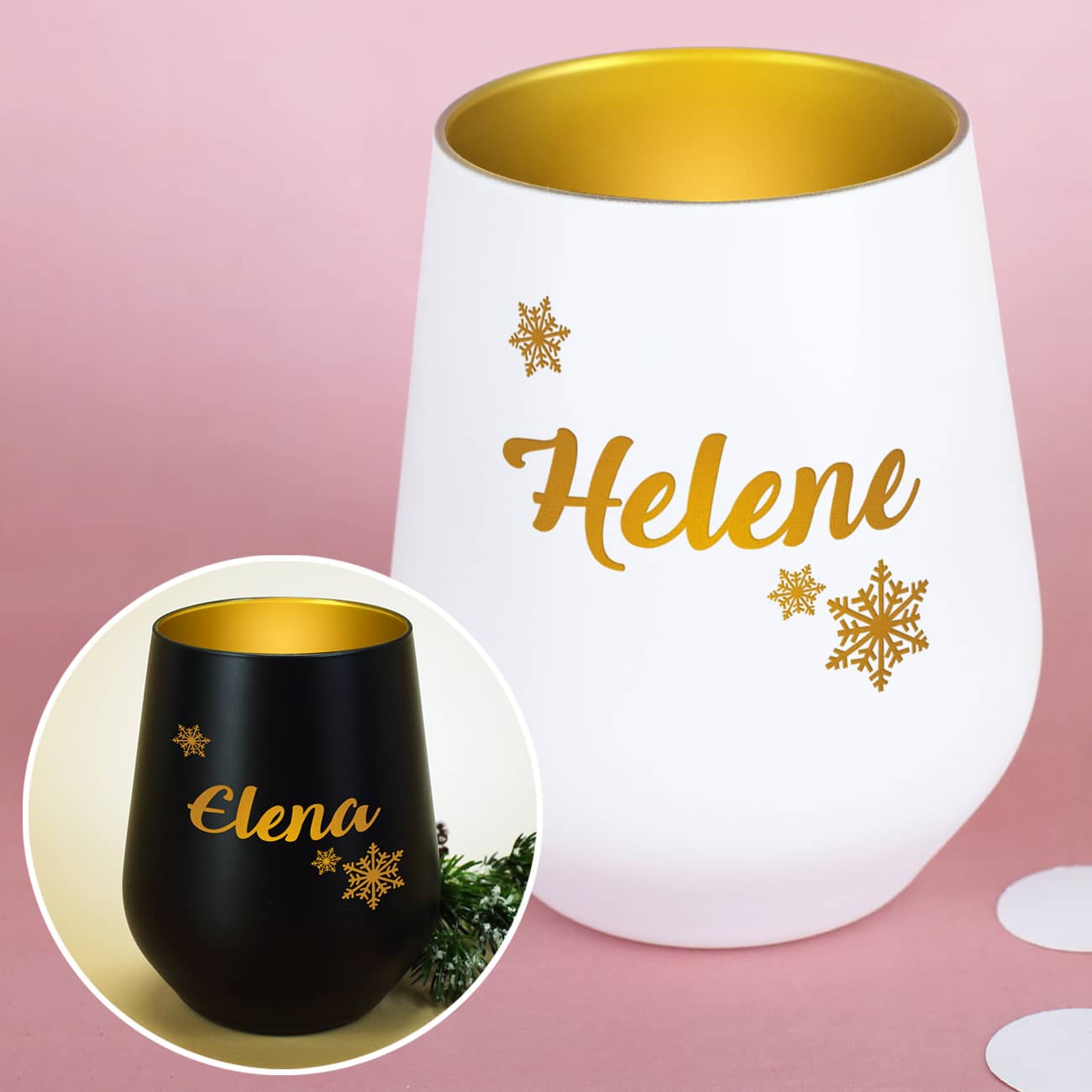 Winter-Windlicht mit Schneeflocken und Name graviert in schwarz- oder weiß-gold