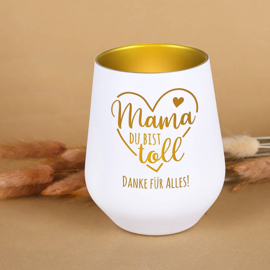 Kerzenbecher in weiß-gold mit Spruch "Mama du bist toll" und Ihrem Wunschtext graviert