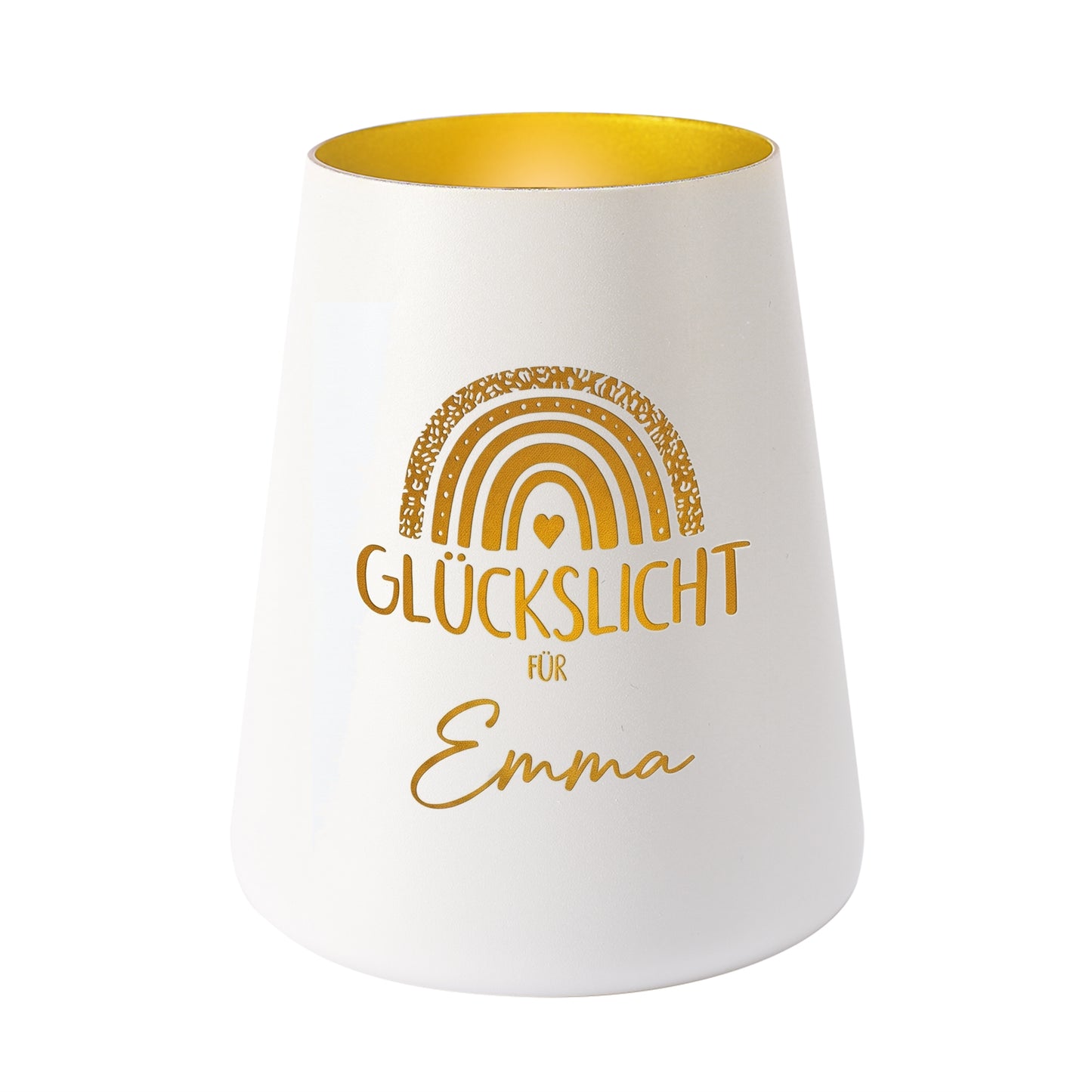 Weißes personalisiertes Glückslicht für Emma mit Regenbogen, Herz und goldfarbener Innenseite