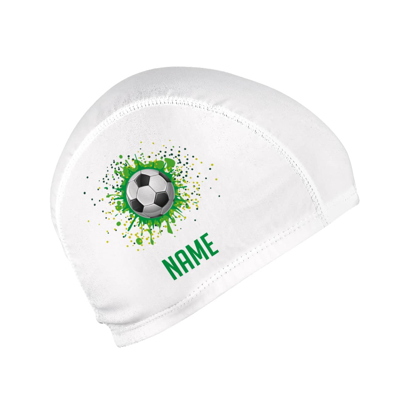 weiße Badekappe für Kinder Wunschname und Fußball-Motiv