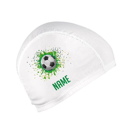 weiße Badekappe für Kinder Wunschname und Fußball-Motiv
