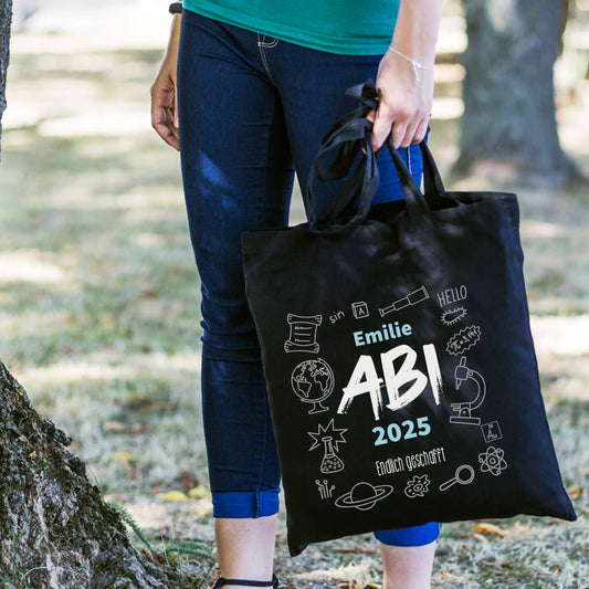 Baumwollbeutel zum bestandenen Abitur mit Name, Jahr und Wunschtext