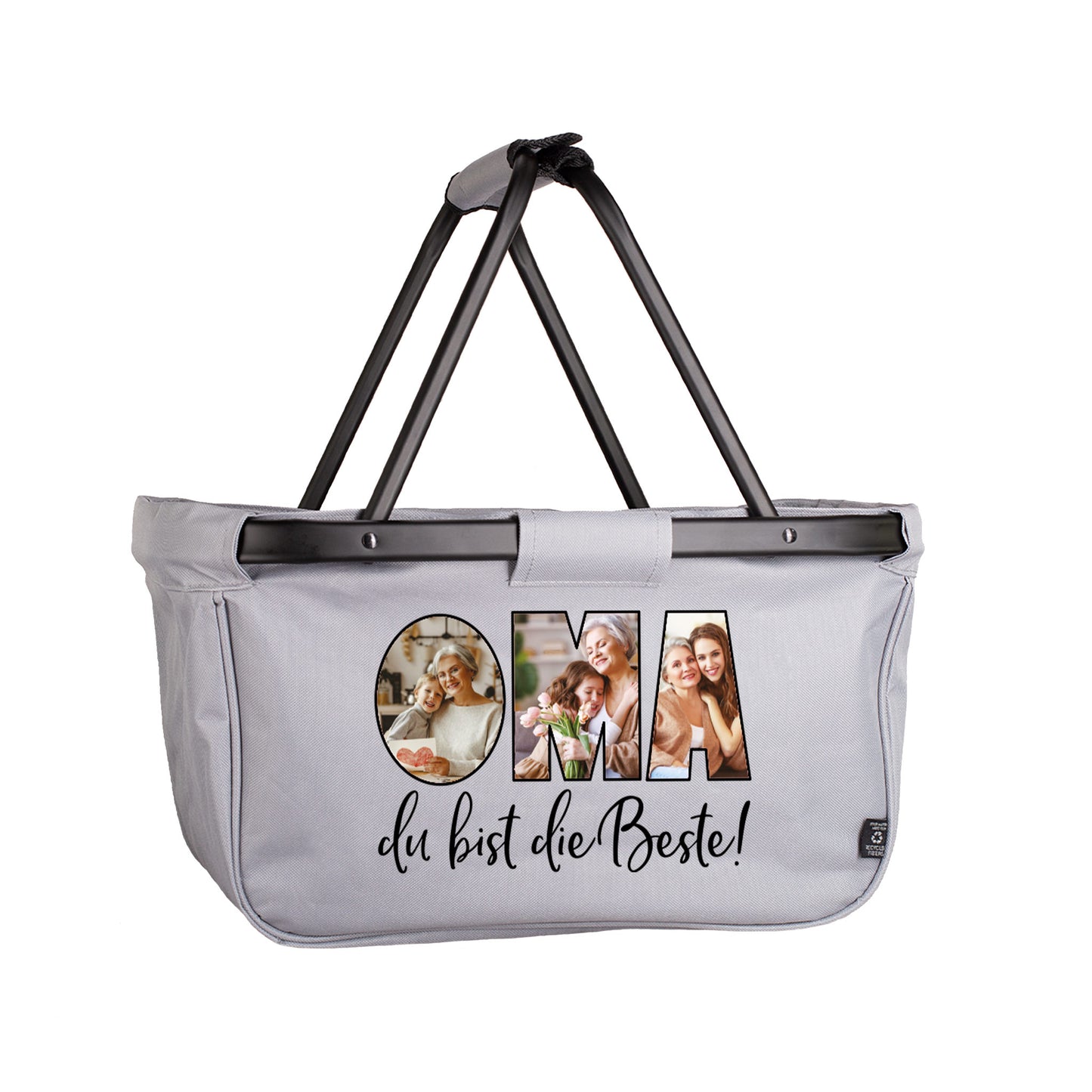 Einkaufskorb mit 4 eigenen Fotos und der Aufschrift „Oma, du bist die Beste!“ freigestellt auf weißem Hintergrund.