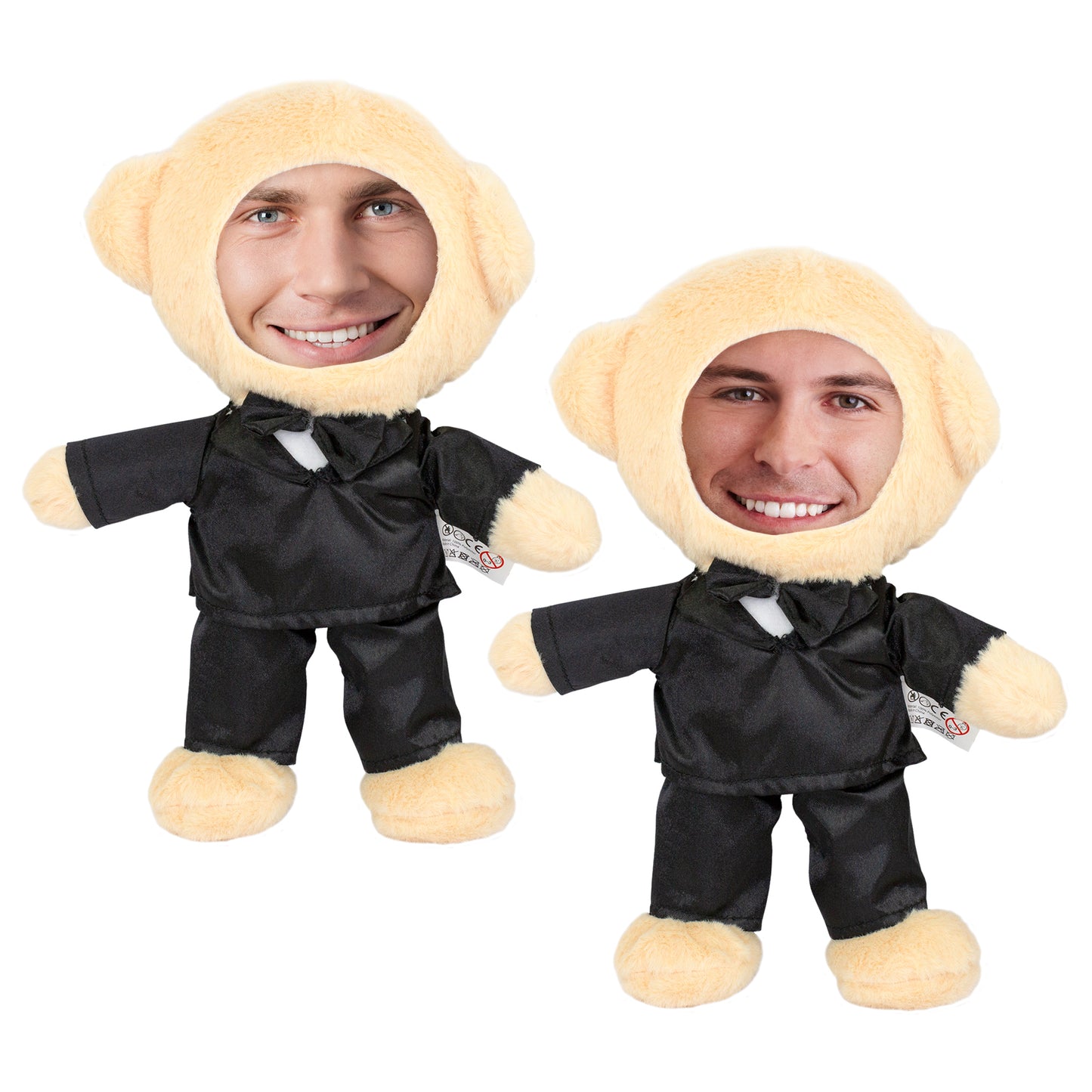 Personalisiertes Teddy-Set mit zwei Bräutigam-Kuscheltieren im schwarzen Anzug und Fotogesichtern auf weißem Hintergrund