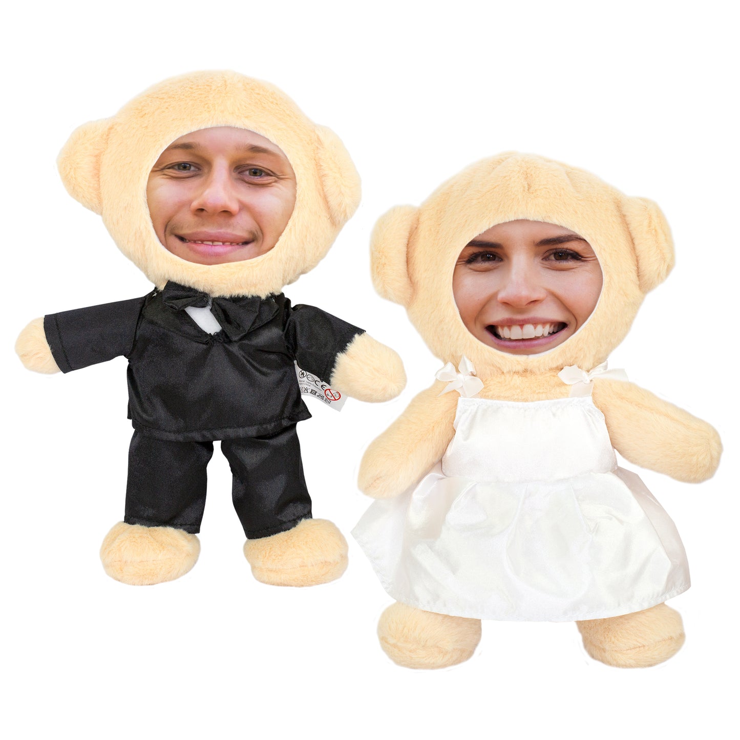 Teddy Set Braut und Bräutigam mit personalisierten Fotogesichtern auf weißem Hintergrund