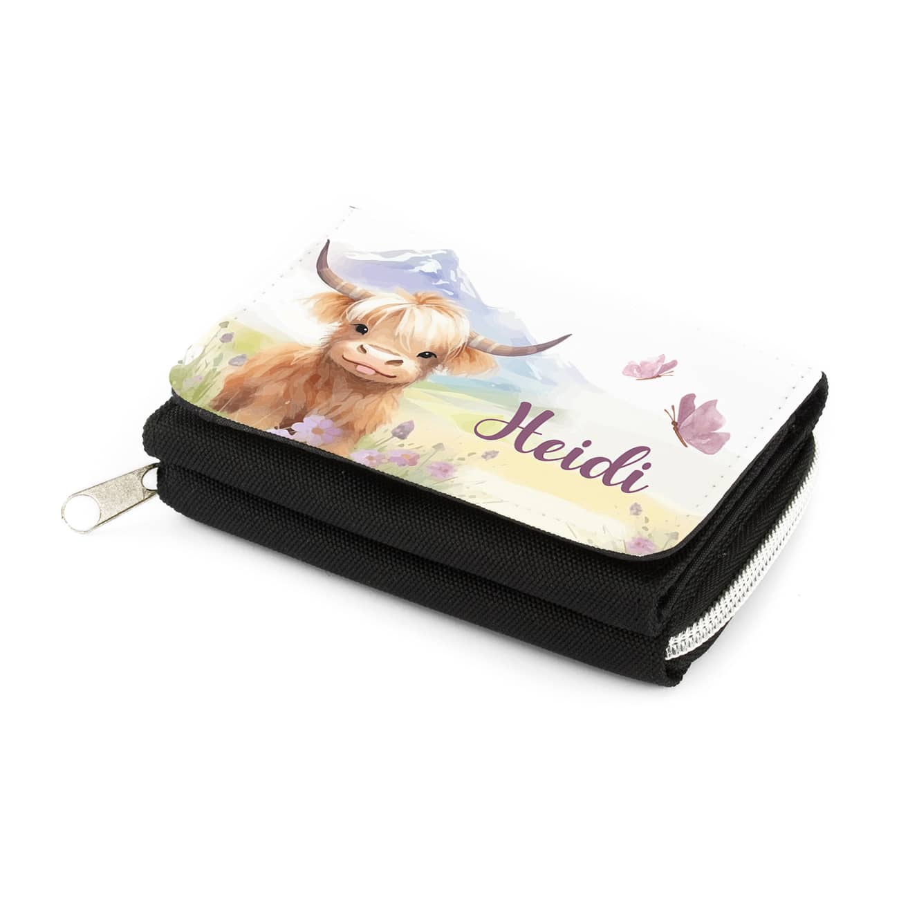 Geldbörse mit Kuh und Name als Motiv