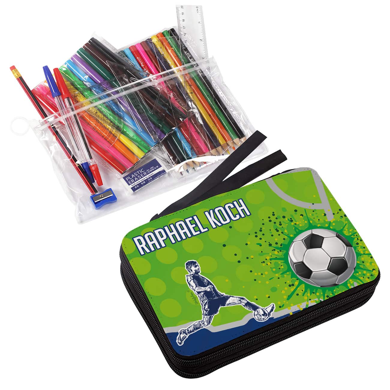 Fußball-Federmappe mit Inhalt und Personalisierung