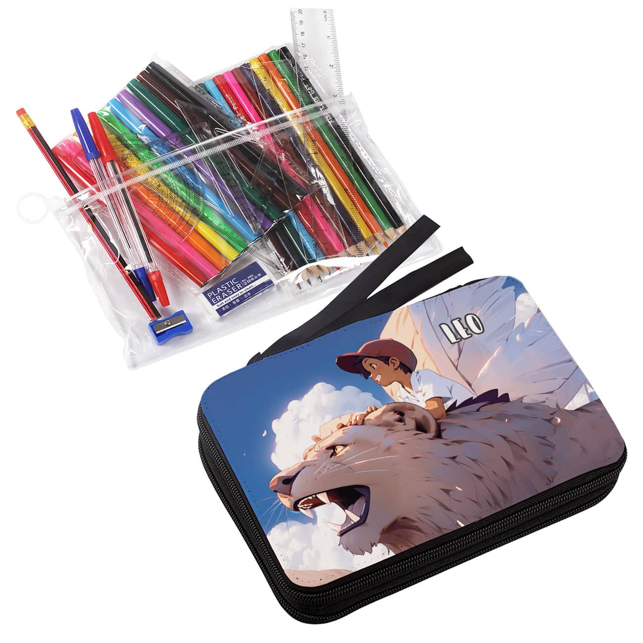 Klasse Federmappe zur Einschulung mit geflügelten Löwen, einem kleinen Jungen und Ihrem Wunschnamen