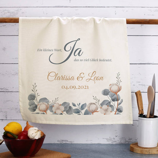"Ja - EIn kleines Wort, das so viel Glück bedeutet." Geschirrtuch zur Hochzeit