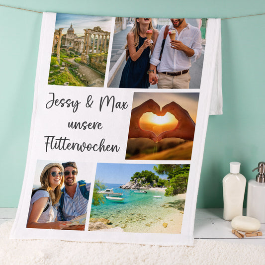 Bedrucktes Handtuch mit sieben Ihrer schönsten Fotos und Wunschtext individuell gestaltet