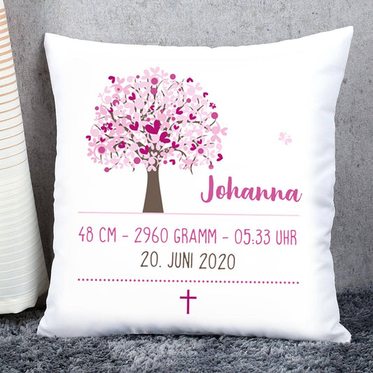 persönliches Kissen zur Geburt oder Taufe mit Lebensbaum und Personalisierung