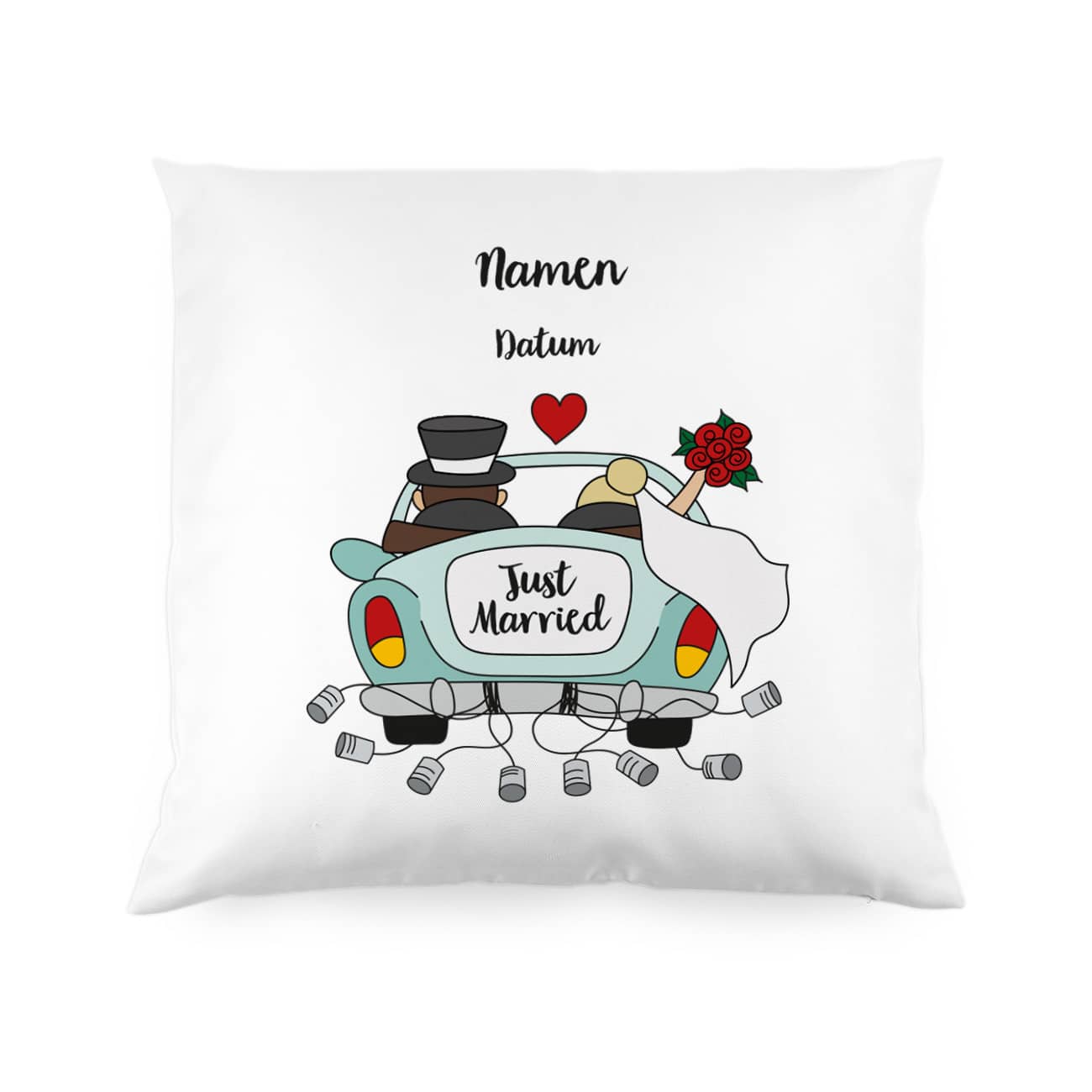 Zierkissen mit Hochzeitsauto, Wunschnamen und Wunschdatum bedruckt