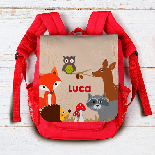 Kinderrucksack in rot mit Waldtiermotiv und Name