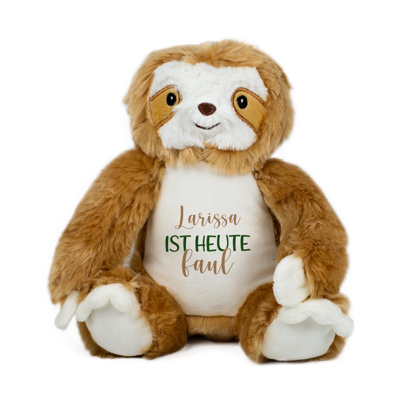 Freigestelltes personalisiertes Faultier-Kuscheltier mit Aufschrift „Larissa ist heute faul“.