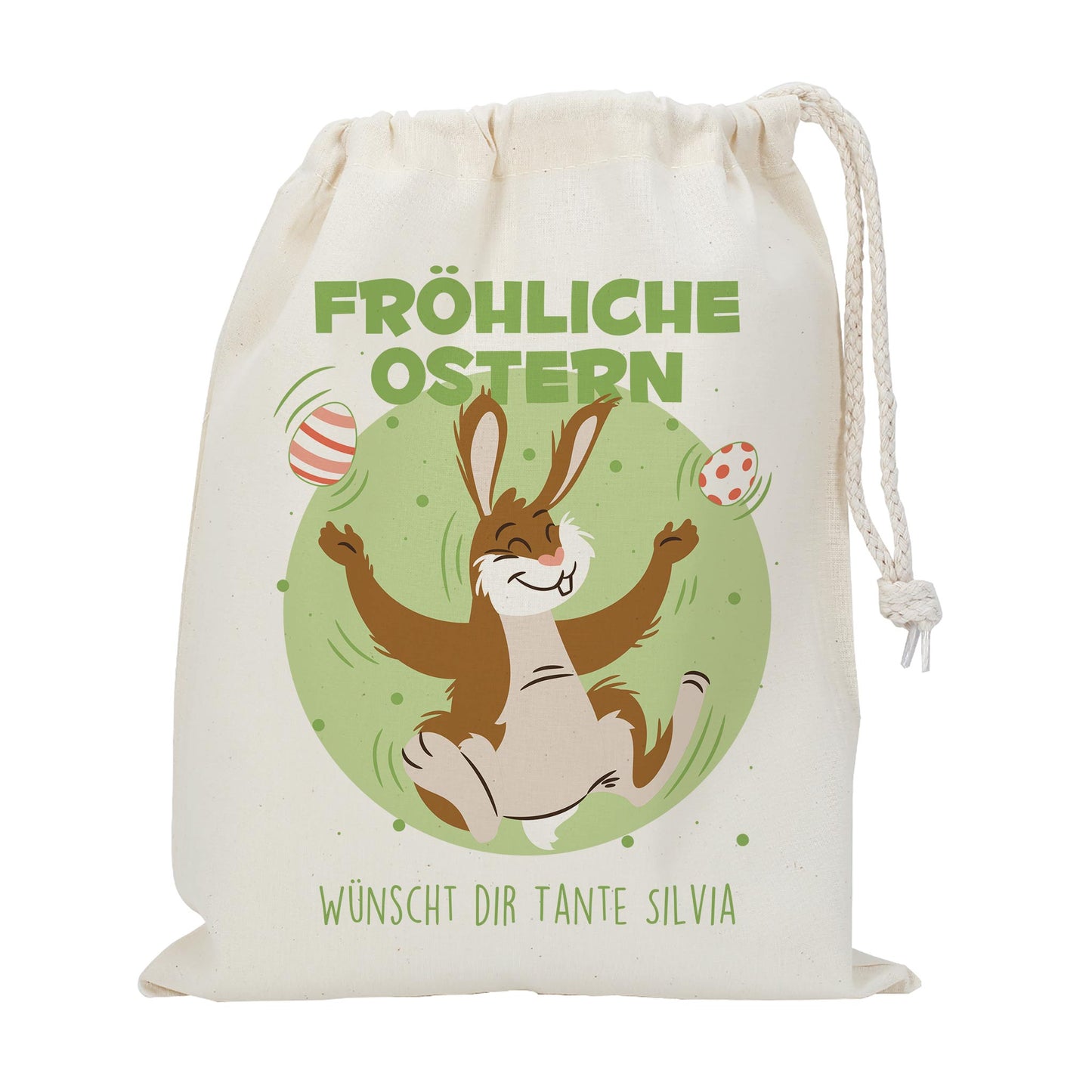 Personalisierter Geschenksack zu Ostern „Fröhliche Ostern“ mit jonglierendem Osterhasen