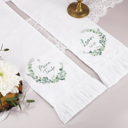 Taufschal mit Name und Datum - Eukalyptus Motiv