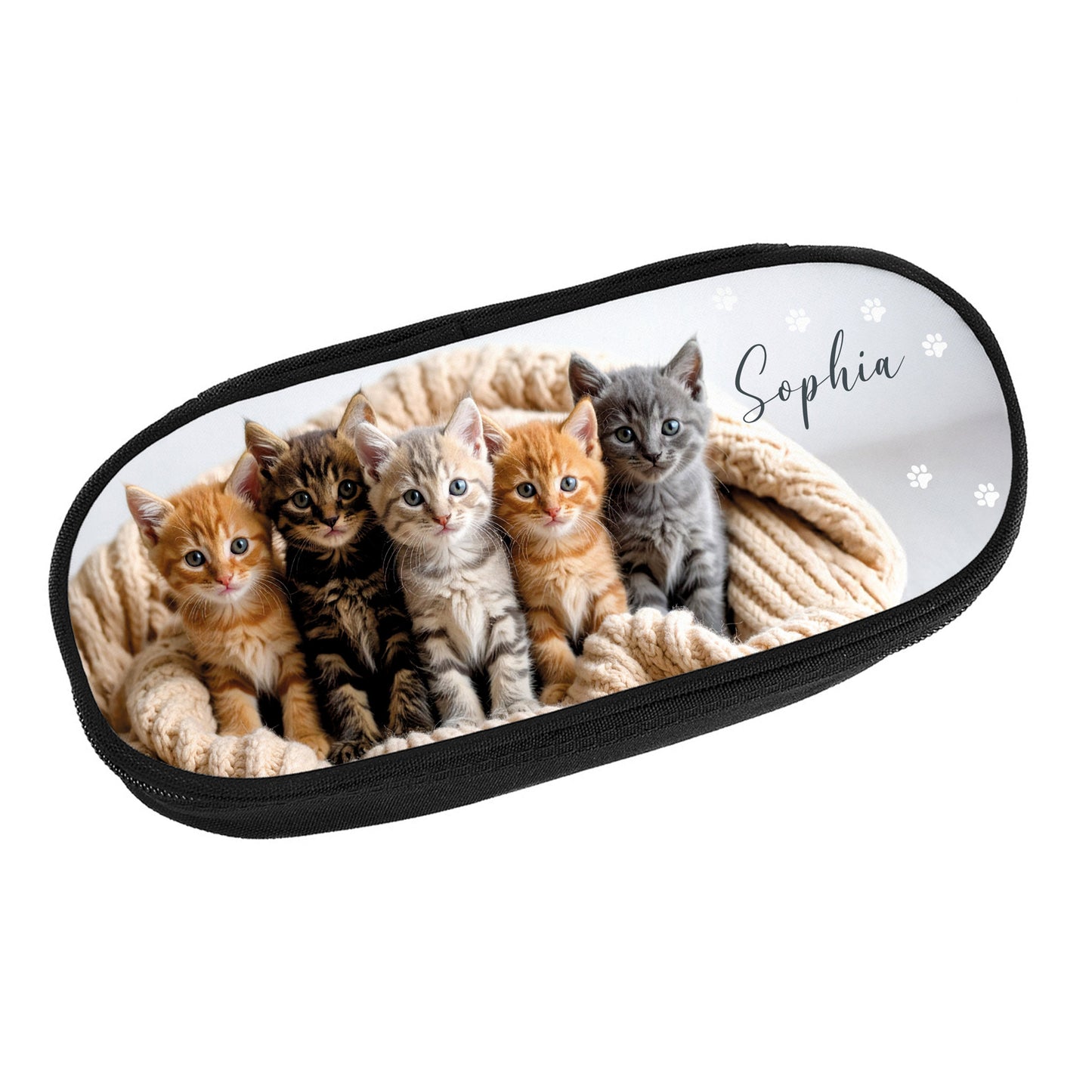 Stiftebox mit fünf Katzen im Körbchen und Name Sophia auf weißem Hintergrund