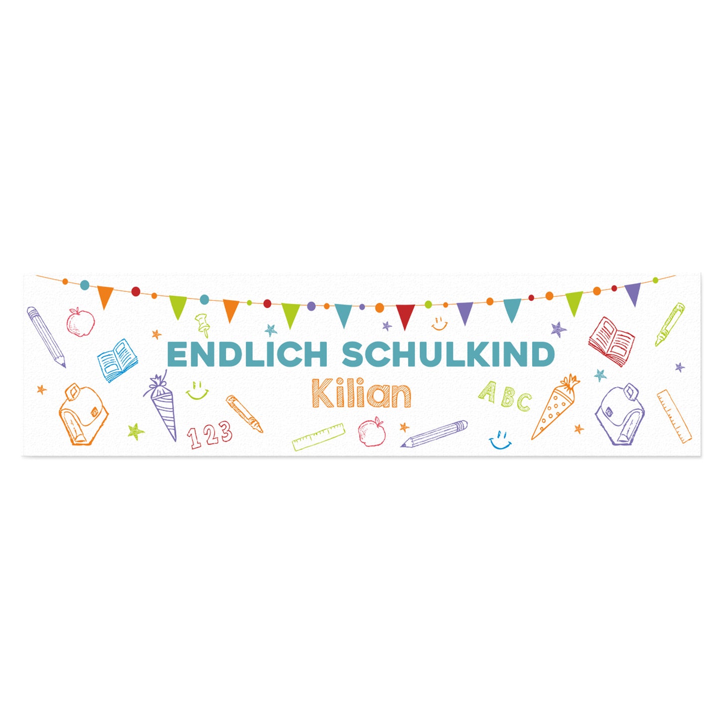 Freigestellter großer Tischläufer „Endlich Schulkind“ mit bunten Schulmotiven