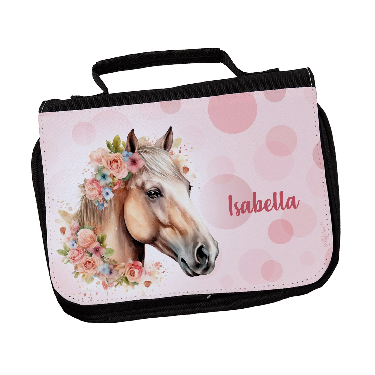 Produktbild der Waschtasche mit Pferd und Name „Isabella“, freigestellt vor weißem Hintergrund