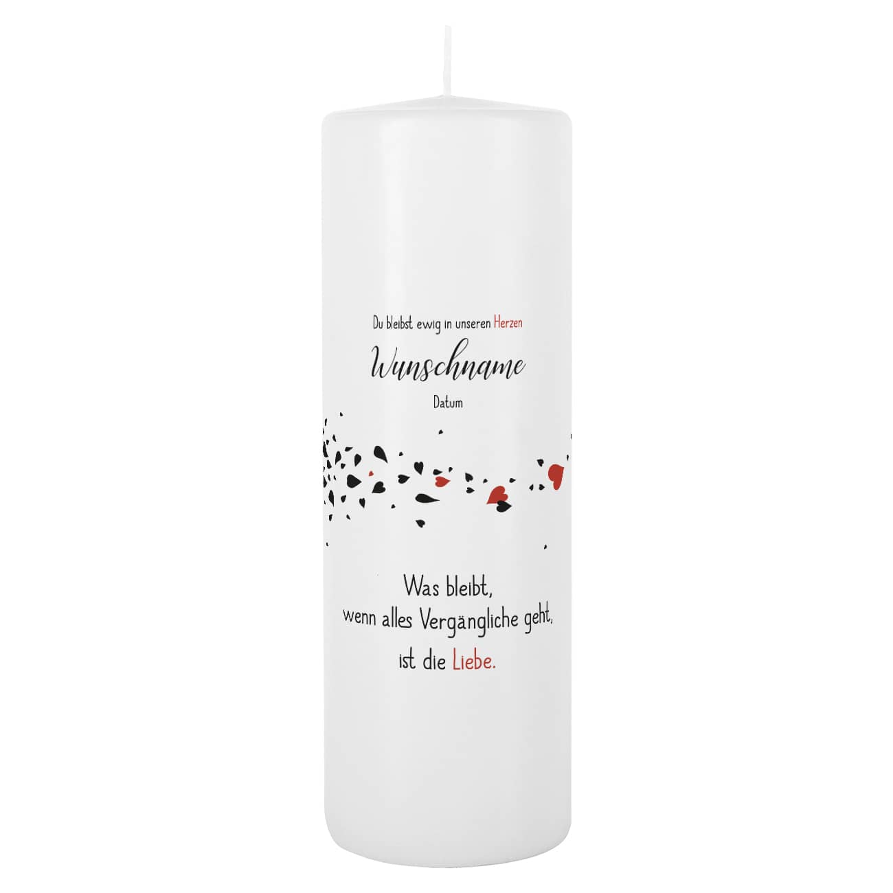 Trauerkerze mit fallenden Blättern, die sich zu roten Herzen wandeln - mit Name und Datum