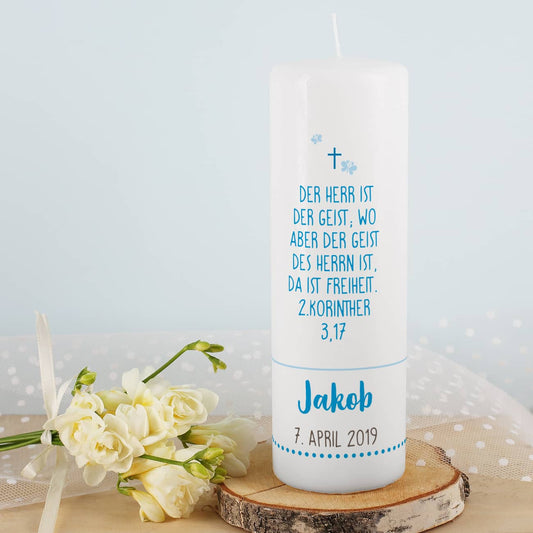 Taufkerze für Jungen mit Lebensbaum, Name, Datum und Taufspruch