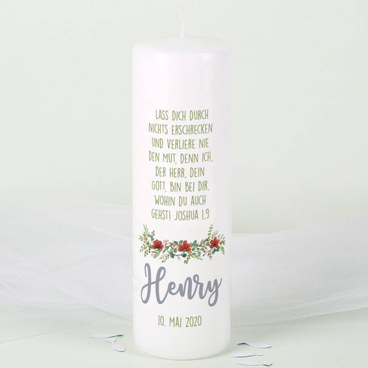 Taufkerze mit Elefant, Blüten, Luftballons sowie Name, Datum und Taufspruch