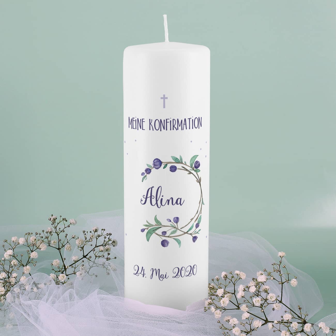 Konfirmationskerze mit Blumenkranz