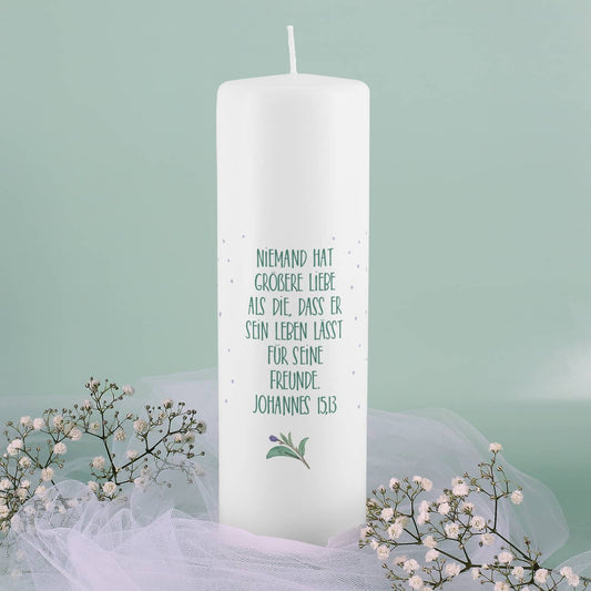 Kerze zur Konfirmation mit Blütenkranz mit Name, Datum und Wunschtext