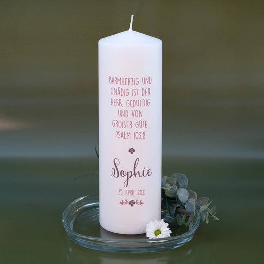 Konfirmationskerze für Mädchen mit Foto, Name, Datum und Wunschtext