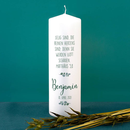 Konfirmationskerze für Jungen mit Foto in Blätterkranz, Name, Datum und Wunschtext