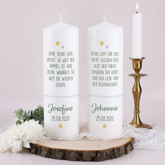 Taufkerzen mit Namen, Datum und Text