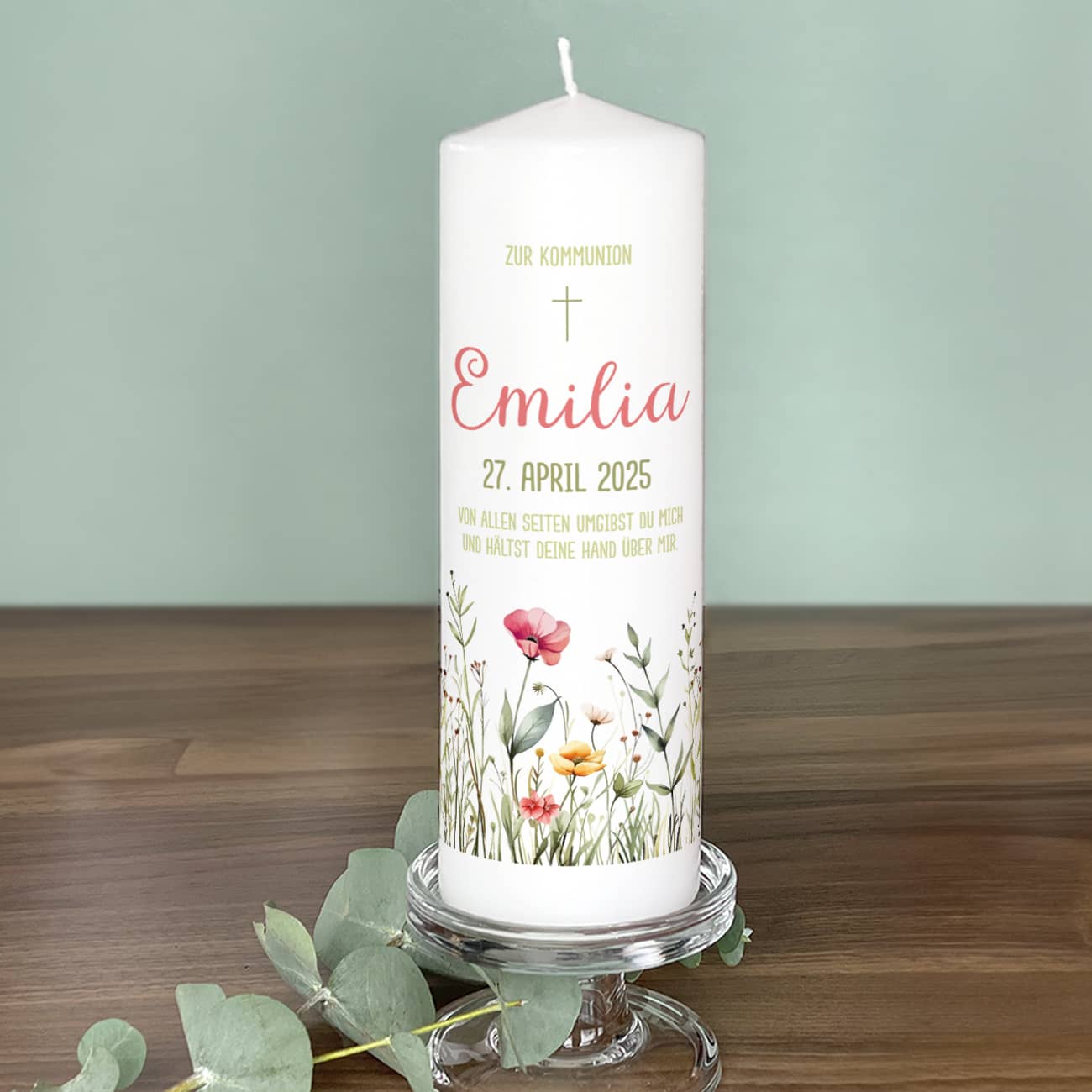 Kerze zur Kommunion mit Blumenmotiv von Wildblumen & Gräsern personalisiert mit Name, Datum & Text als hochwertige Kommunionkerze mit 25 cm Höhe –