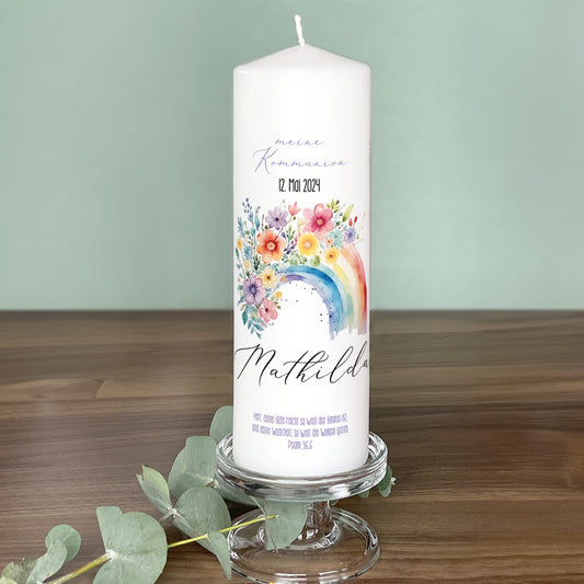 Personalisierte Kerze mit Regenbogen-Motiv | Kommunion, Konfirmation, Taufe, Jugendweihe