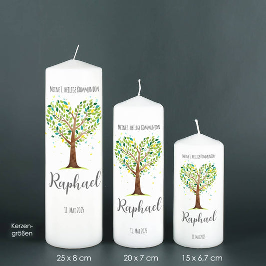 Kommunionkerze Lebensbaum grün-türkis, vier Varianten