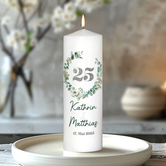 Kerze zur Silberhochzeit mit Namen, Datum