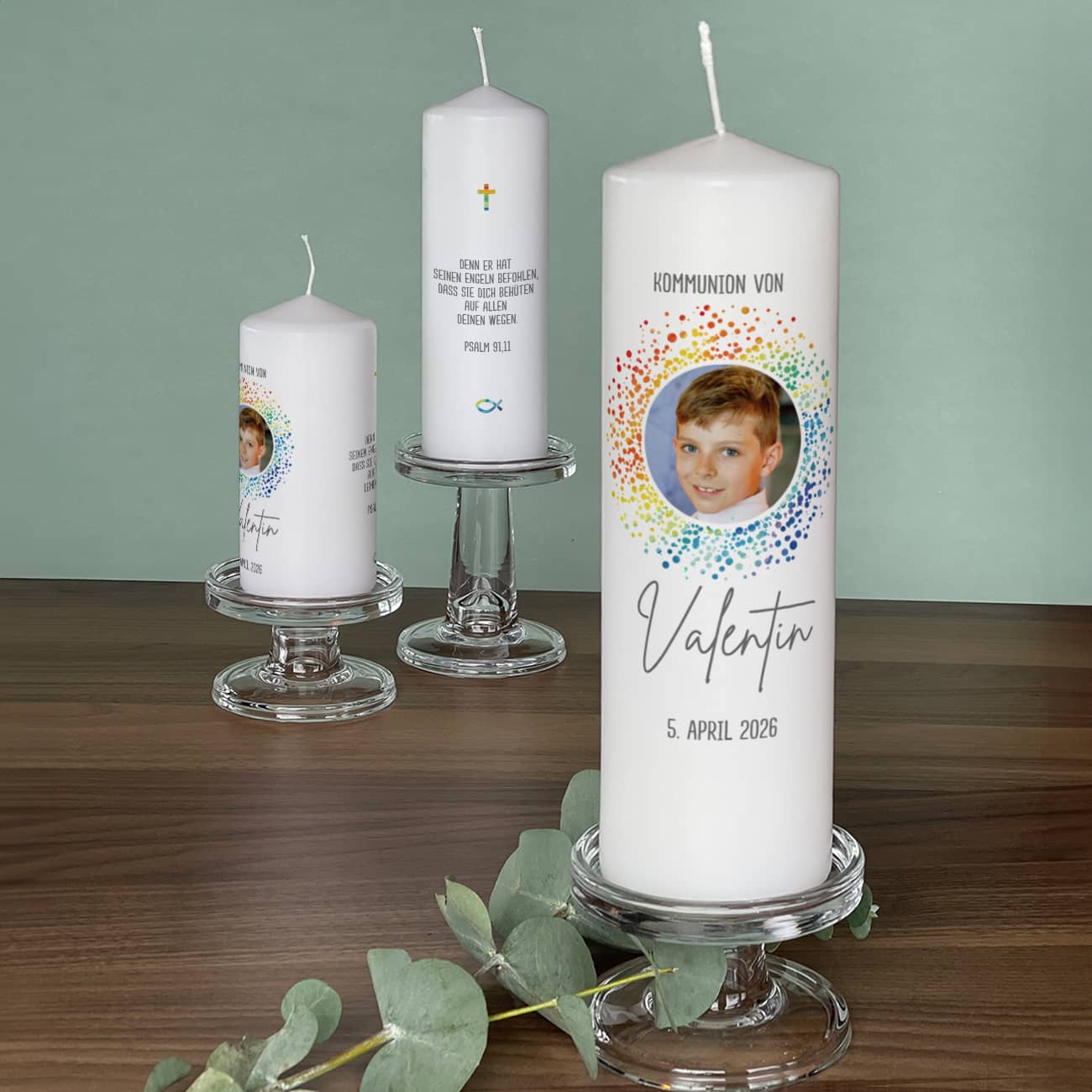 Kommunionkerze Regenbogen Kreis mit Foto bedruckt & personalisiert mit Name, Datum & Text als Geschenk zur Kommunion, Taufe, Konfirmation in 4 Größen –