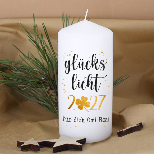 Glückslicht 2027 - Kerze mit Ihrem Text bedruckt