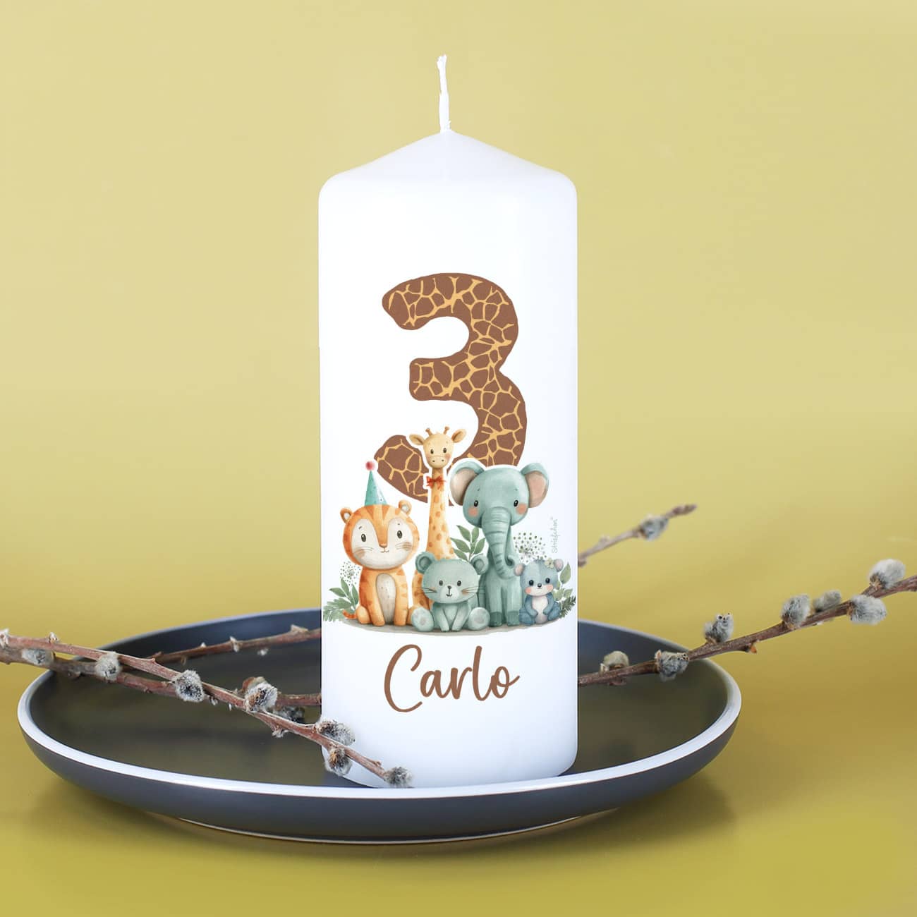Geburtstagskerze für Kinder mit Wildtieren, Name & Alter personalisiert 15 cm hohe Kerze mit ca. 45 h Brenndauer zum Geburtstag –
